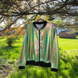 Retro Holographic Iridescent Black Trimmed Light Stretchy Jacket XXL